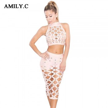 Amily.c 2020 New Spring Women Bandage Dress Turtleneck Sexy Bodycon 2 Piece Plaid Beading Dress Celebrity Party Dresses Vestidos